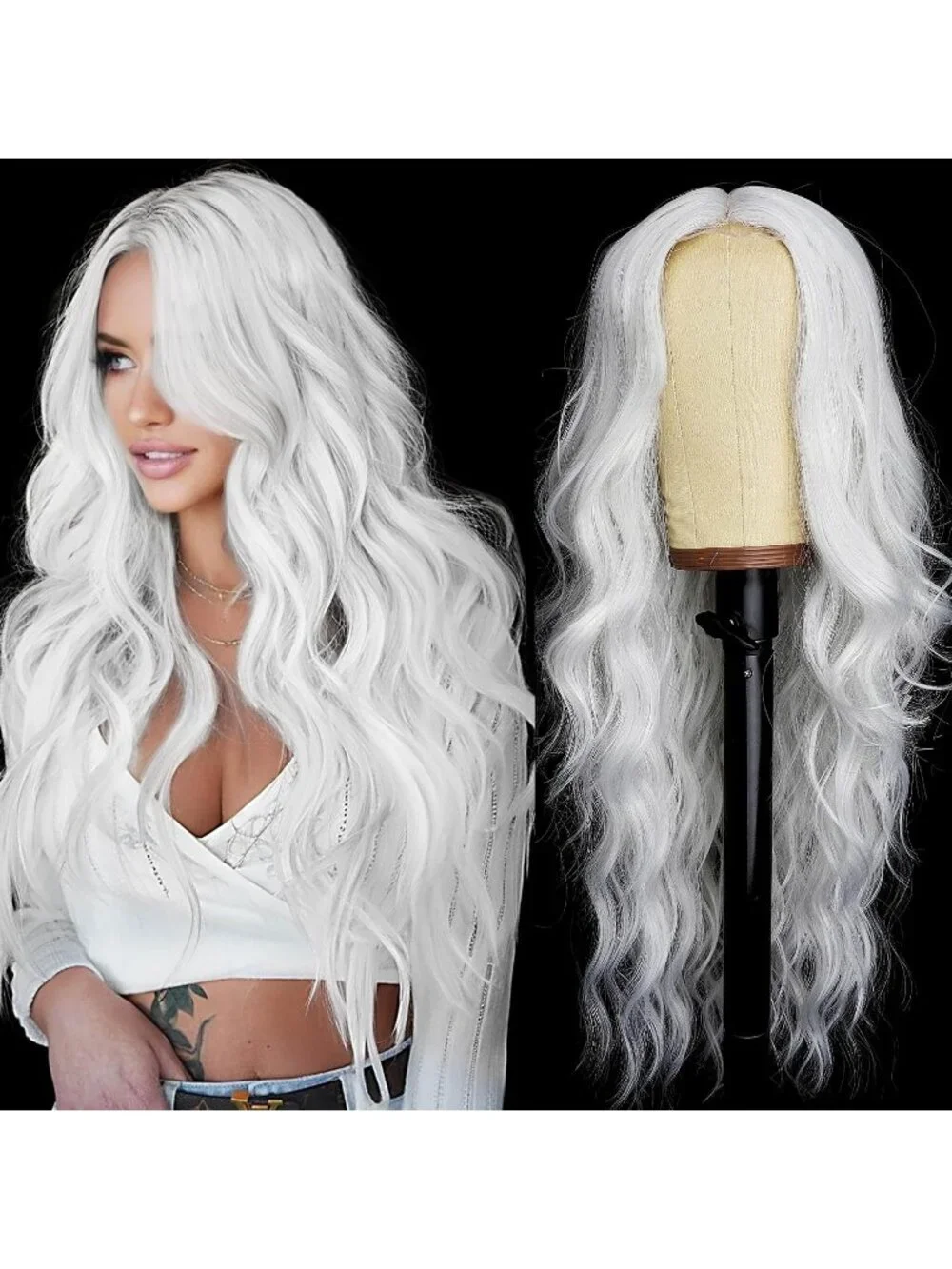 Women's White Lace Hairline 26 Inch Synthetic Heat Resistant Wavy Wigs